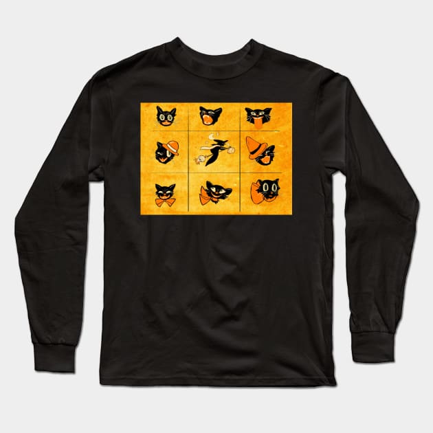 Vintage Style Halloween Cat Grid Long Sleeve T-Shirt by Hillopurkki